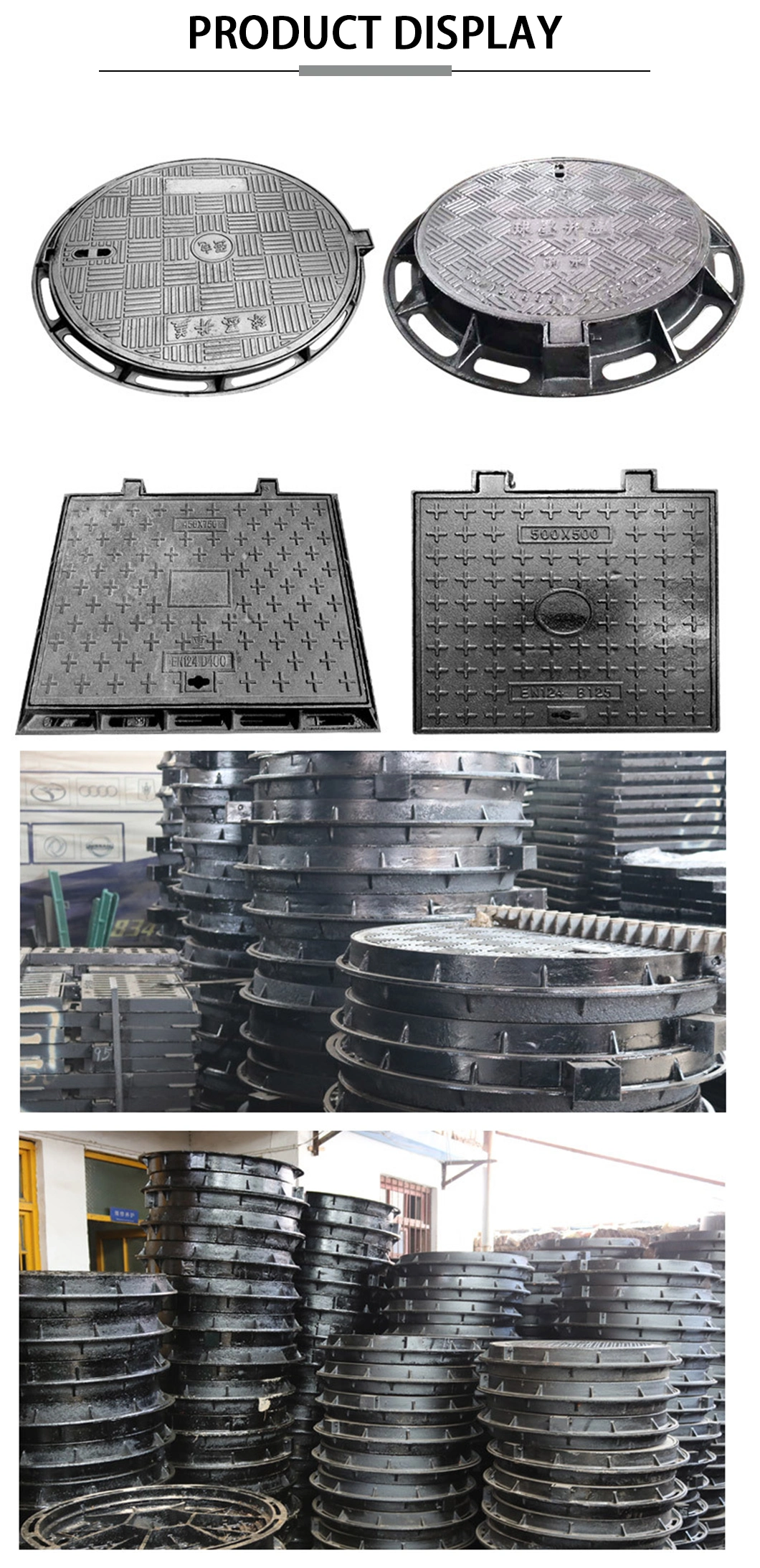 OEM B125 C250 En124 Class D400 E600 F900 Round and Square Epoxy Coating Ductile Cast Iron Manhole Cover with Frame